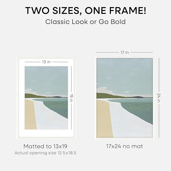 Homeforia 17x24 White Picture Frame, High End Oak 17x24 White Wooden Poster Frames with Mat 13x19 for Print, 17 x 24 Wood Frame Matted to 13 x 19 Photo, 24x17 Frame, Tempered Glass, Wall Kit, Set of 2
