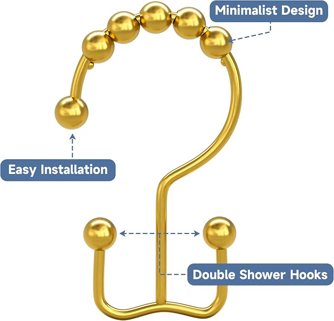 Titanker Shower Curtain Hooks Rings Gold, Metal Double Glide Shower Hooks Rings - Image 3