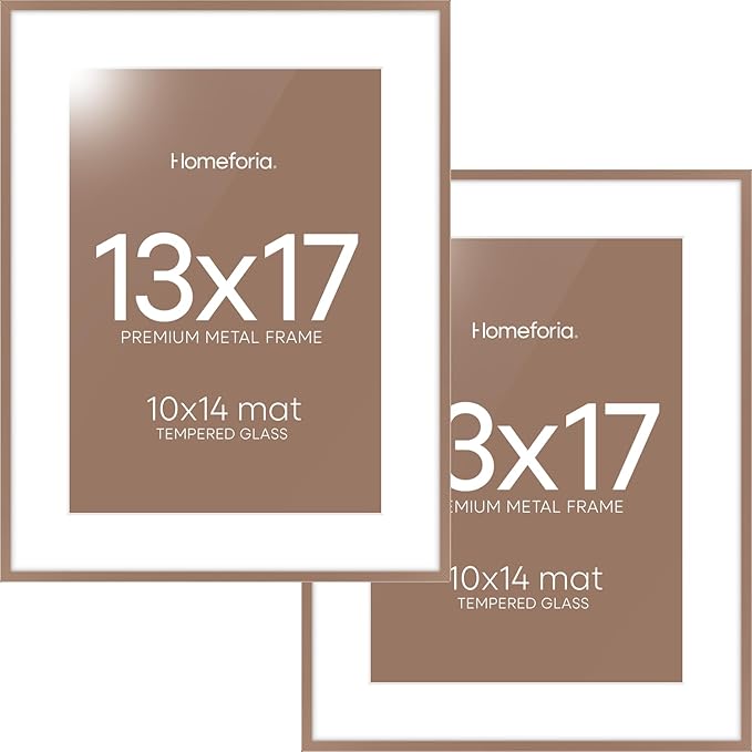 Homeforia 13x17 Picture Frame Mocha, High End Metal 13x17 Poster Frames with Mat 10x14 Photo, 13 x 17 Mocha Frame Matted to 10 by 14 Print, 17by13 Thin Hanging Frames, Tempered Glass, Wall Kit, Set of 2
