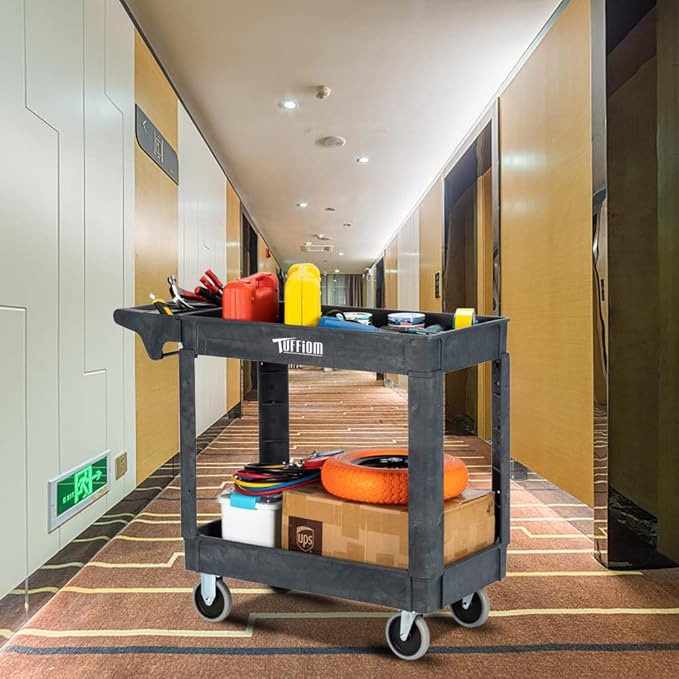 TUFFIOM Plastic Service Utility Cart with Wheels,550lbs Capacity,Heavy Duty Tub Storage Cart W/Deep Shelves, Multipurpose Rolling 2-Tier Mobile Storage Organizer, for Warehouse Garage Industrial Cart