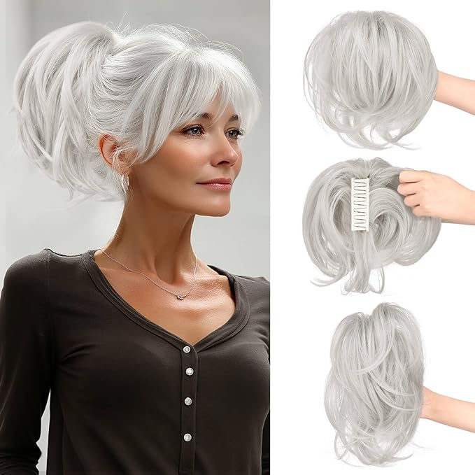 SOFEIYAN Claw Clip Short Ponytail Extension DIY Bendable Wires Hair Bun Fluffy Fake Hair Piece Straight Synthetic Hair Ponytail Extensions for Wonen - Light Silver Grey