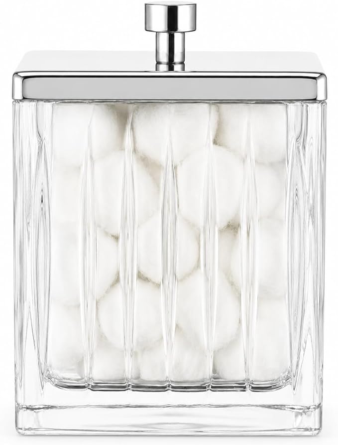 Vince Camuto Home Glass Cotton Jar Holder – Silver Lid, Elegant Bathroom by Unknown