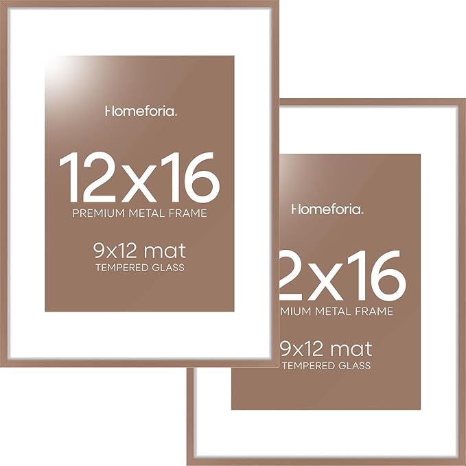 Homeforia 12x16 Picture Frame Mocha, High End Metal 12x16 Poster Frames with Mat 9x12 for Photo, 12 x 16 Mocha Frame Matted to 9 by 12 inch Print, 16x12 Thin Frames, Tempered Glass, Wall Kit, Set of 2