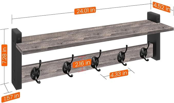 Wall Hooks With Shelf, 24 Inch Coat Rack Wall Mount - Image 8
