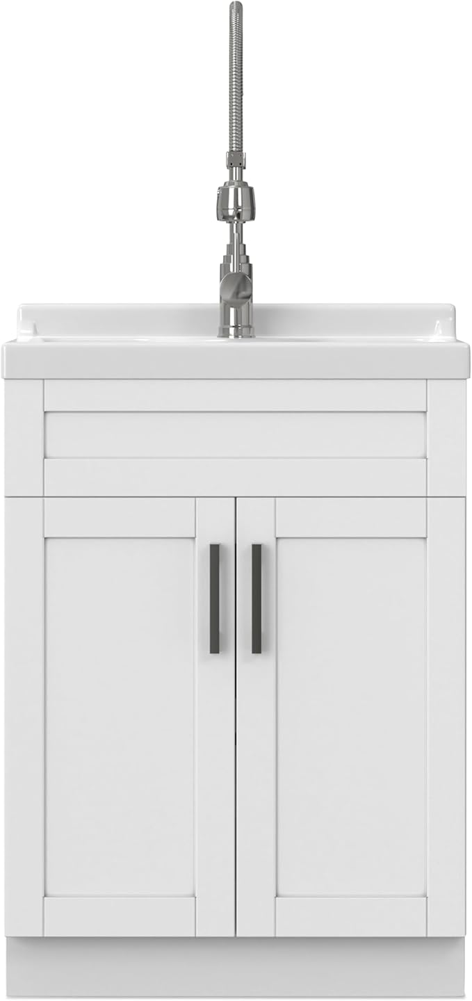 SIMPLIHOME Hennessy All-in-One 24 inch Wide Utility Sink and Laundry Cabinet in Pure White Finish, Transitional ABS Sink Cabinet for Laundry Rooms with High-Arch Chrome Faucet and Pull-Out Spray