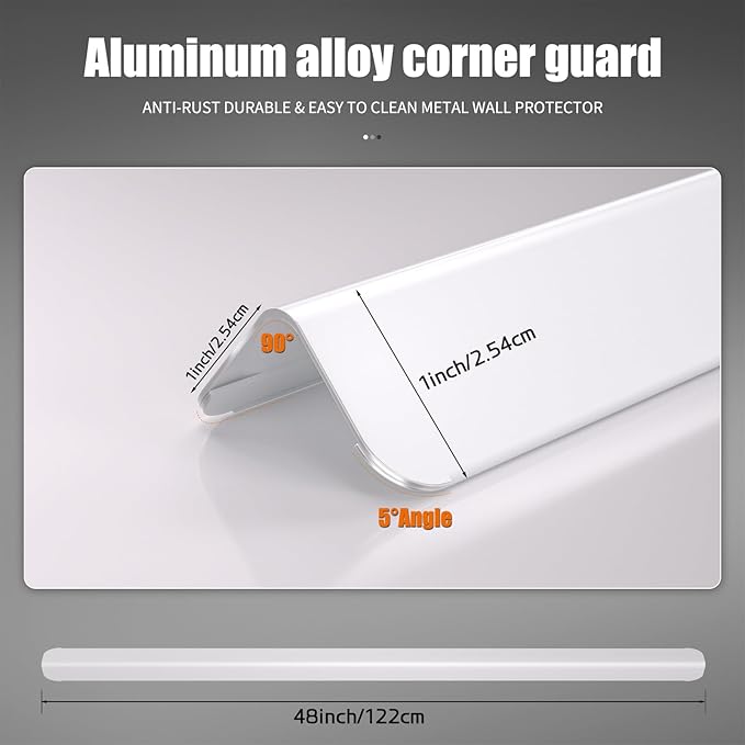 1x1x48 Inches 304 Stainless Steel White Wall Corner Guards (5-Pack) Heavy Duty Rounded Corner Protector, Smooth Folded Edge Design for Wall Protection Stainless Steel Slab