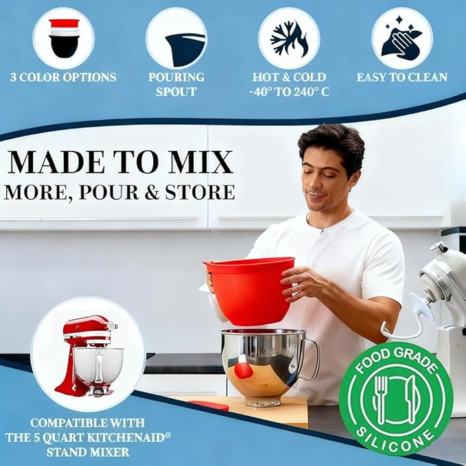 Silicone Bowl Liners for Kitchen,Silicone Liners Mixer for 5 Qt Tilt-Head KitchenAid Mixers,Mixer Bowl Accessories and Attachments with Lids,3PCS