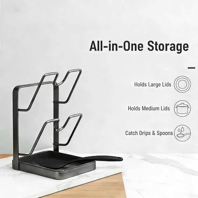 Kitchen Pot Lid Storage Rack, Pot Lid Holder With Tray, Lid Holder While Cooking, Lid And Spoon Rest, Multifunctional Kitchen Organizer Stand for Stove Top