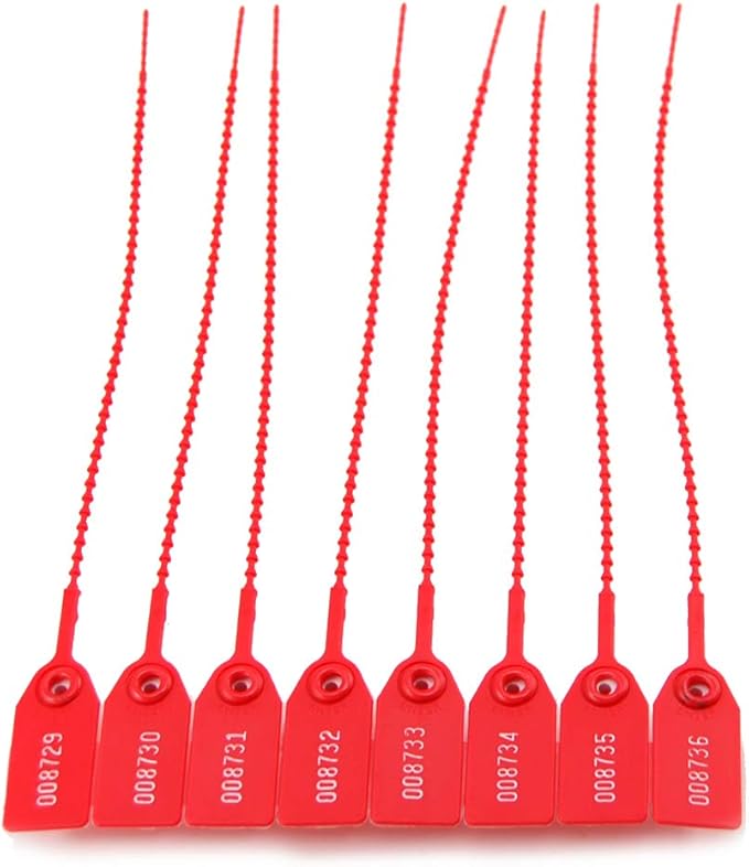 100 Plastic Tamper Seals, Numbered Zip Ties for Fire Extinguisher Pull Tite Security Tags Disposable Self Locking Signage 250mm (Red)
