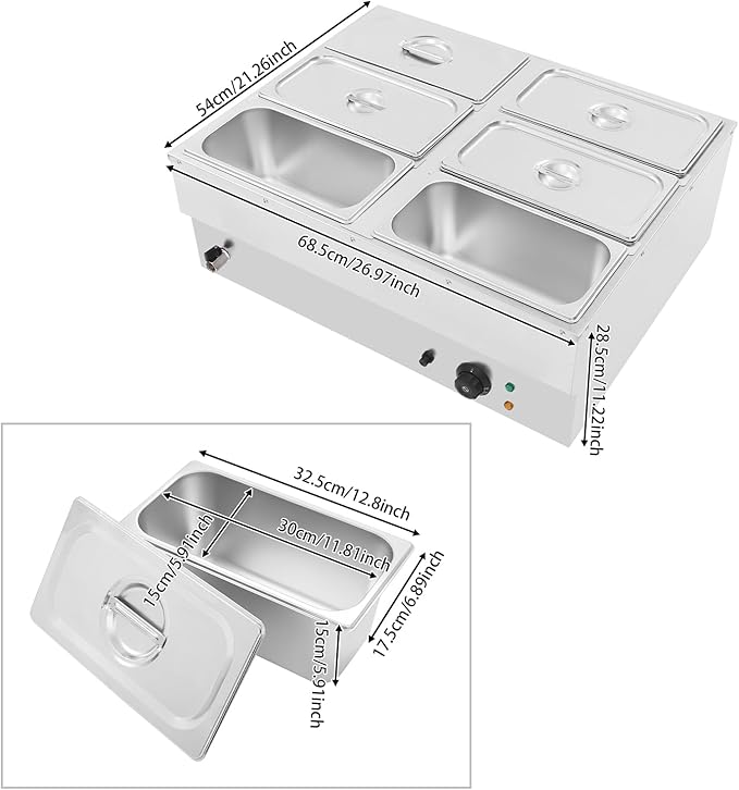 DYNAMI 110V 1500W Commercial Buffet Food Warmer,Large Capacity 6 Pan(1.8Gal*6) Stainless Steel Soup Warmer Electric Countertop Steam Table w/Intelligent Thermostat Design,for Parties Buffet Catering