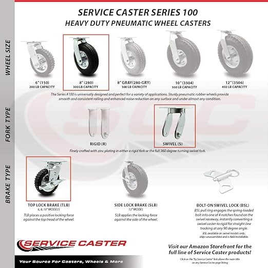 Service Caster Brand Replacement Caster for Uline Caster H-3328BL-SWB - Swivel Top Plate Caster with 8 Inch Pneumatic Wheel and Top Lock Brake - Fits Platform Trucks and Utility Carts H-2505