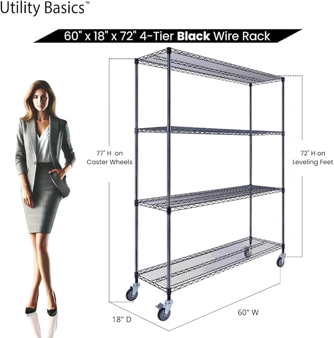 NSF Commercial 4-Tier Wire Shelving with Wheels, 60"x18"x72" Heavy Duty Metal Shelves 3200 lbs Max Capacity, Black Storage Rack for Garage Kitchen Pantry Warehouse