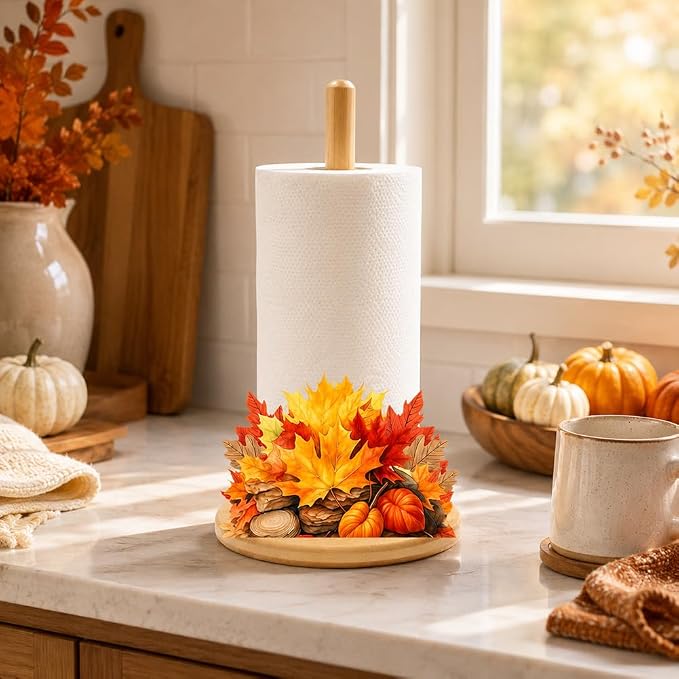 Bamboo Paper Towel Holder with 11 Set Interchangeable Holiday Signs, Rustic - Image 2