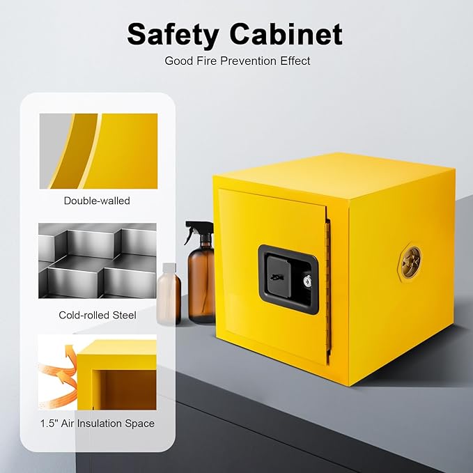 13 Inch 2 Gallon Hazardous Materials Storage Cabinet, Manual Flammable Countertop Safety Storage Cabinet Leak-Proof Welded Fireproof Box Flammable Liquid Storage Box for Commercial Industrial and Home