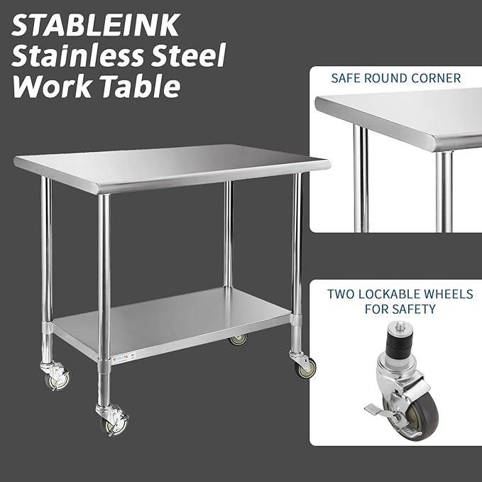 STABLEINK Stainless Steel Table with Wheels 24 x 30 Inches, NSF Commercial Prep & Workbench with Adjustable Undershelf and Casters, for Commercial Kitchen, Restaurant, Hotel,Laundry and Garage