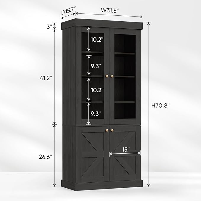 Vyre 71" Tall Farmhouse Kitchen Pantry, Set of 2 Large Storage Cabinets with Glass Doors, Adjustable Shelves, Wood Versatile Hutch Cabinet for Living Room, Dining Room, Black