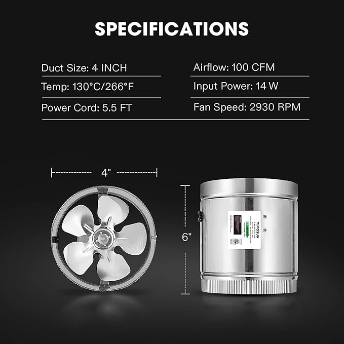 VIVOSUN 4 Inch Inline Duct Fan 100 CFM, HVAC Exhaust Ventilation Fan with Low Noise for Basements, Bathrooms, Kitchens and Attics, Silver