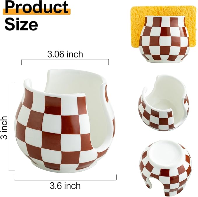 Zoeeker Sponge Holder for Kitchen Sink, Ceramic Checkered Dish Sponge Caddy - Image 2
