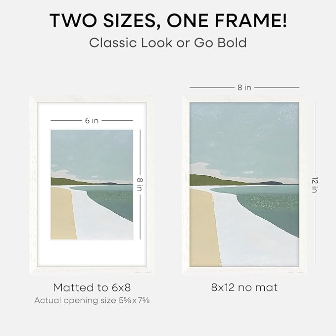 Homeforia 8x12 Picture Frame White, High End Oak 8 x 12 Wood Frames with Mat 6 by 8 Print, 8by12 Wooden Frame Matted to 6x8 inch Photo, 12x8 Wall or Tabletop Frames, Tempered Glass, Wall Kit, Set of 3