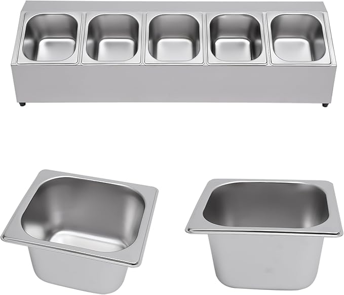 Pizza Toppings Station Storage Condiment Organizer Divider Food Container with 5 Pans & Lids, Stainless Steel Kitchen Condiment Divider Pizza Prep Ingredients Holder, Grill Table Serving Tray