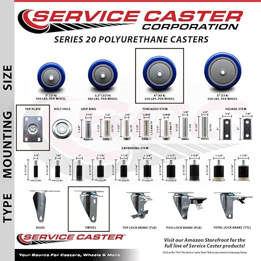 Service Caster Brand Replacement Caster for Uline Caster H-5539S-Swivel Top Plate Caster with 4 Inch Blue Polyurethane Wheel-Light Duty Replacement Caster-Fits Carts, Dollies and Poly Box Truck H-1956