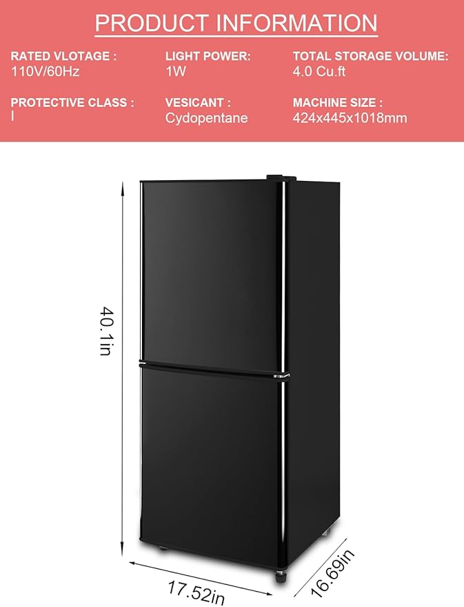 4.0 Cu.Ft Refrigerator with Freezer, 2 Doors Fridge with Adjustable Thermostat Control, Refrigerator for Kitchen, Dorm, Apartment, Garage, Office, Black
