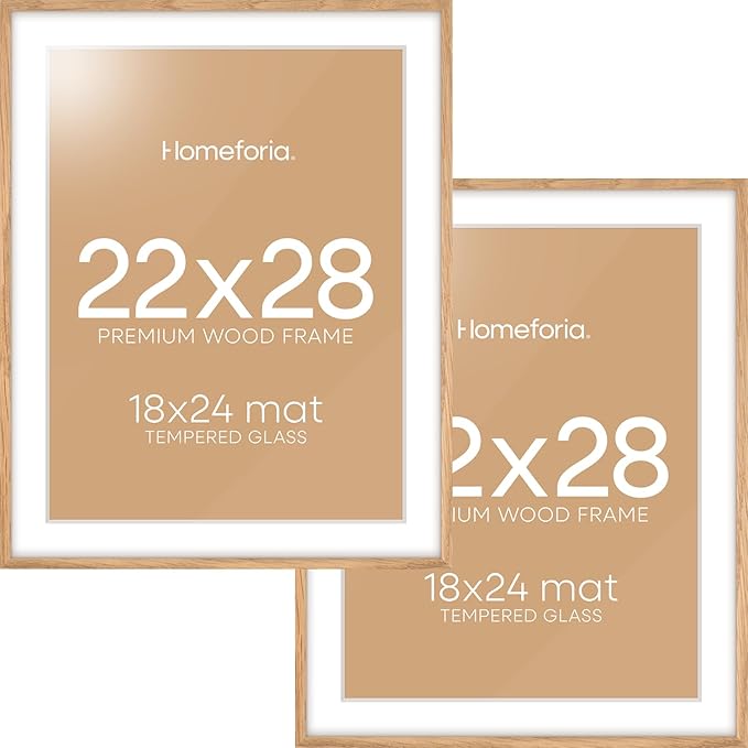 Homeforia Wooden Poster Frame 22x28, High End Natural Oak 22 x 28 Picture Frame with Mat 18 by 24, 22x28 Light Wood Frame Matted to 18x24 Photo, 28by22 Large Frames, Tempered Glass, Wall Kit, Set of 2