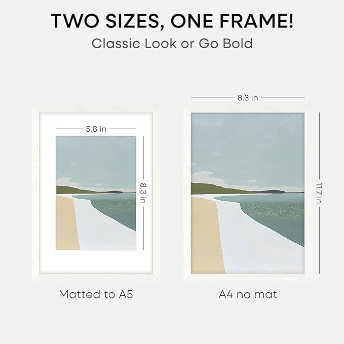 Homeforia A4 Picture Frame White Wood, High-End Oak 8.3 x 11.7 White Poster Frames Matted to 5.8 by 8.3 Photo, 8.3x11.7 Size Wooden Frame with Mat for 5.8x8.3 Print, Tempered Glass, Wall Kit, Set of 3