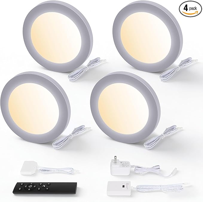V4light Smart Puck Lights 4 Pack, Plug-in Under Cabinet Lighting for Kitchen, Closet & Shelf, App, Voice & Hand Control, Works with Alexa & Google Home, Dimmable & Adjustable Warm to Cool White Light