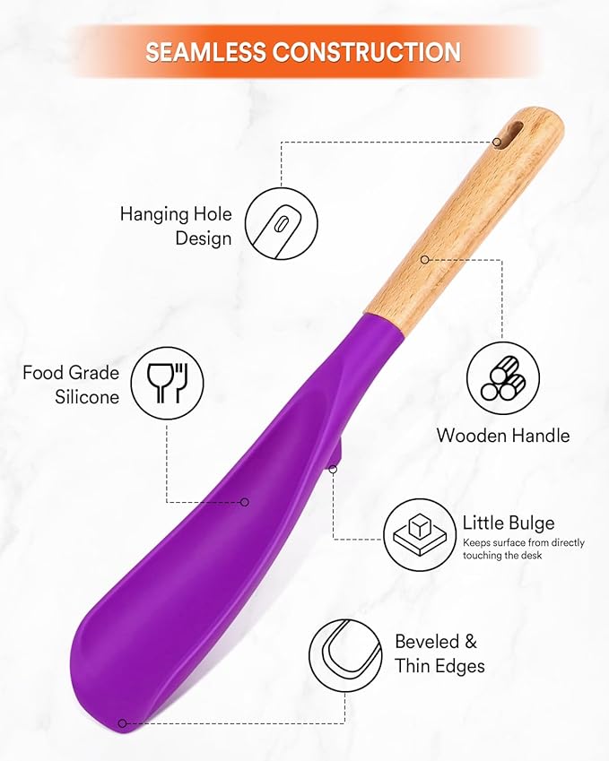 Cooking Spoon for Nonstick Cookwares, Great for Cooking and Serving Sturdy BPA-Free Matte Silicone, Wood Handle Spoon for Mixing, Scoop, and Scrape (BERRY, 11.4 inch)
