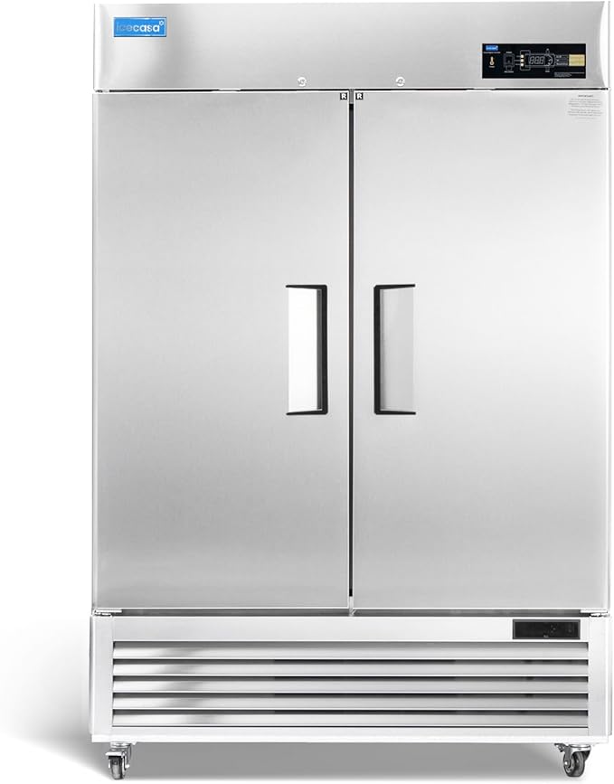 ICECASA 54" W Commercial Refrigerator Reach-in 49 Cu.ft 2 Solid Door Stainless Steel Commercial Refrigerator Fan Cooling for Restuarant, Bar, Shop, etc