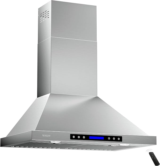 Range Hood, EKON Wall Mount Hood 900 CFM Kitchen Hood Vent 4 Speeds Touch Control LCD Display With Remote /3 Pcs Baffle Filters / 2 Pcs 3W Led Lamp/Vent-less or Recirculation Operation (NAP02-36IN)