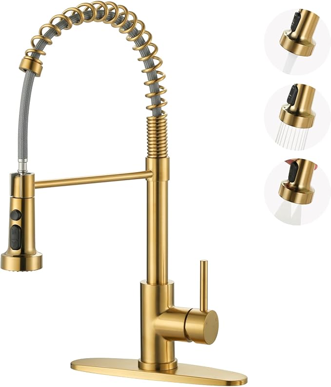 Kitchen Faucets with Pull Down Sprayer: Brushed Gold 3-Function Kitchen Sink by ARCORA