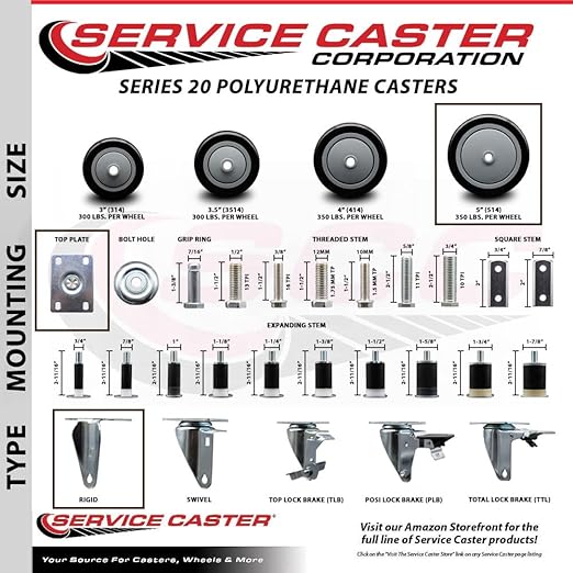 Service Caster Brand Replacement Caster for Uline Caster H-7449R - Stainless Steel Rigid Top Plate Caster with 5 Inch Black Polyurethane Wheel - Fits Carts and Platform Trucks H-6348