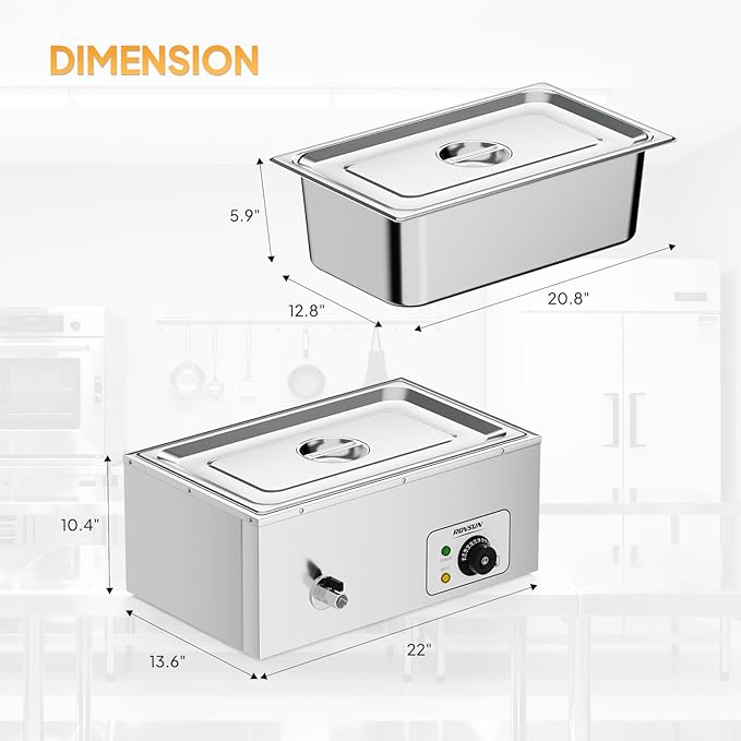 ROVSUN 21QT Electric Commercial Food Warmer, Full Pan Steam Table Stainless Steel Bain Marie Buffet Countertop with Temperature Control & Lid for Parties, Catering, Restaurants 110V