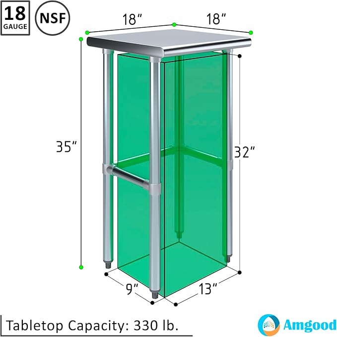 AmGood Stainless Steel Work Table Open Base | NSF Kitchen Island Food Prep | Laundry Garage Utility Bench (18" Long X 18" Deep)