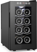 8 Bottles Wine Cooler Refrigerator, Small Wine Fridge, Mini Wine Fridge Countertop with Glass Door Wine Cellars for Red Wine, Champagne, Dry White Wine, Sparkling Wines
