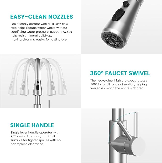 Pull-Down Kitchen Faucet, Brushed Nickel | 304 Stainless Steel, 10-Min DIY - Image 7