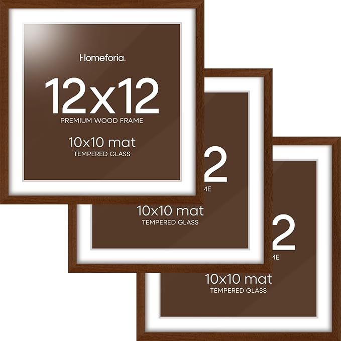 Homeforia 12x12 Frame Brown Wood, High End Dark Oak 12 x 12 Square Picture Frame with Mat 10 x 10 for Photo, 12by12 Wooden Walnut Poster Frame Matted to 10x10 Print, Tempered Glass, Wall Kit, Set of 3