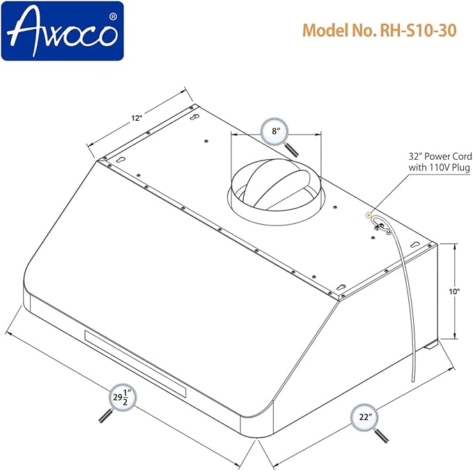 Awoco 30” Supreme 10” High Stainless Steel Under Cabinet Range Hood 4 Speeds, 8” Round Top Vent, 1000CFM 2 LED Lights, Remote Control (RH-S10-30)