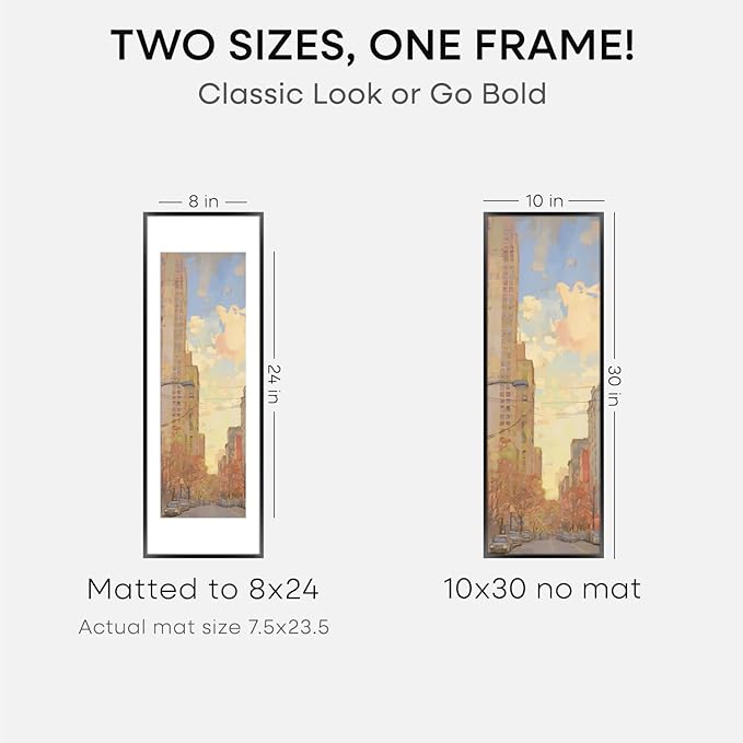 Homeforia 10x30 Picture Frame Black, High End Metal 10x30 Poster Frames with Mat 8x24 for Photo, 10 x 30 Black Frame Matted to 8 by 24 Print, 30x10 Panoramic Frames, Tempered Glass, Wall Kit, Set of 2