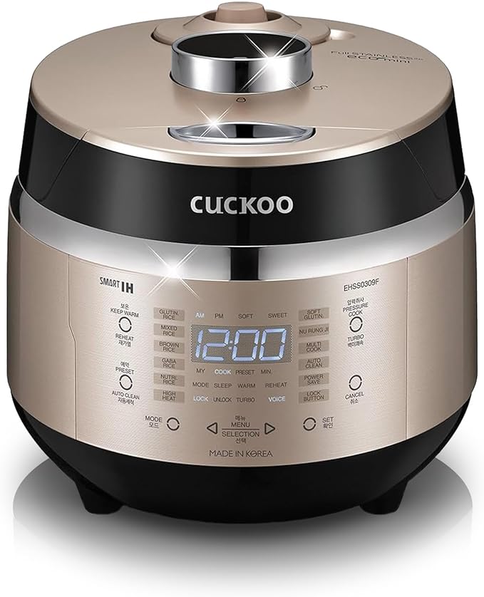CUCKOO High Pressure Rice Cooker 3-Cup Uncooked / 6-Cup Cooked with Induction Heating Technology, Small Rice Maker with 16 Menu Options and Steam Plate, Voice Guide, Gold (CRP-EHSS0309F)