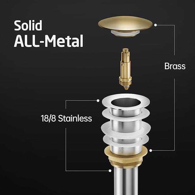 KES Sink Drain Without Overflow Bathroom Pop Up Drain Assembly Stopper Vessel Sink Brushed Gold for 1.6"-1.9" Sink Hole, All Metal Rustproof Brass and 304 Stainless Steel, S2008D-BZ