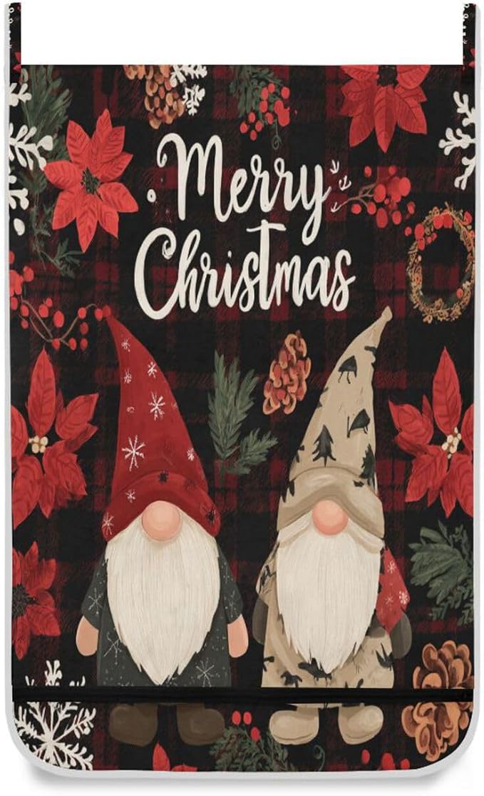 Checkered Christmas Floral Gnomes Hanging Laundry Hamper Door Hampers Bag Basket - Image 2