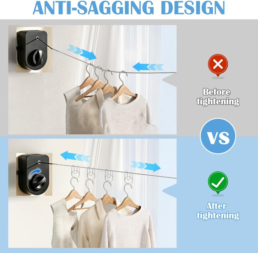 Retractable Clothesline Indoor, Non-Sagging Outdoor Clothes Line Retracting - Image 3