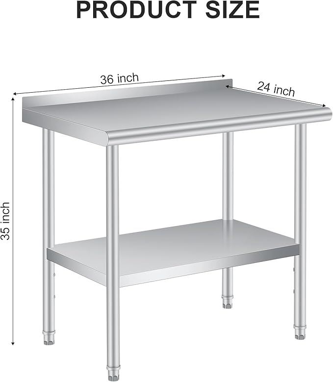 Stainless Steel Prep Table, 36 x 24 Inches, with Backsplash, Adjustable Undershelf and 4 Caster Wheels, Commercial Heavy Duty Table with Adjustable Under Shelf for Outdoor Use,Restaurants,Hotels,Works