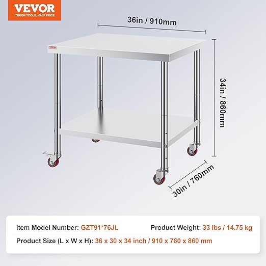 Vevor 30x36x34 Inch Stainless Steel Work Table 3-Stage Adjustable Shelf with 4 Wheels Heavy Duty Commercial Food Prep Worktable with Brake for Kitchen Prep Work
