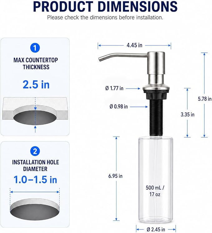 Soap Dispenser for Kitchen Sink, Built in Soap Dispenser Brushed Nickel | - Image 6