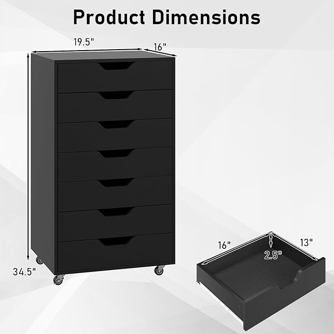 7 Drawer File Cabinet, Mobile Filing Cabinet w/Universal Wheels, Wood Printer Stand with Storage, Rolling File Cabinets for Home Office, Living Room, Bedroom (Black, 7 Drawers)