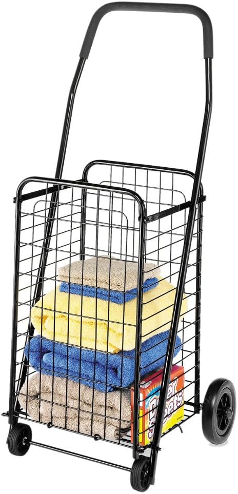 Whitmor Foldable Utility Shopping Cart with Wheels, Heavy Duty Metal Grocery Cart, Portable Foam Handle, Rolling Collapsible Trolley for Groceries, Laundry, Storage, Black